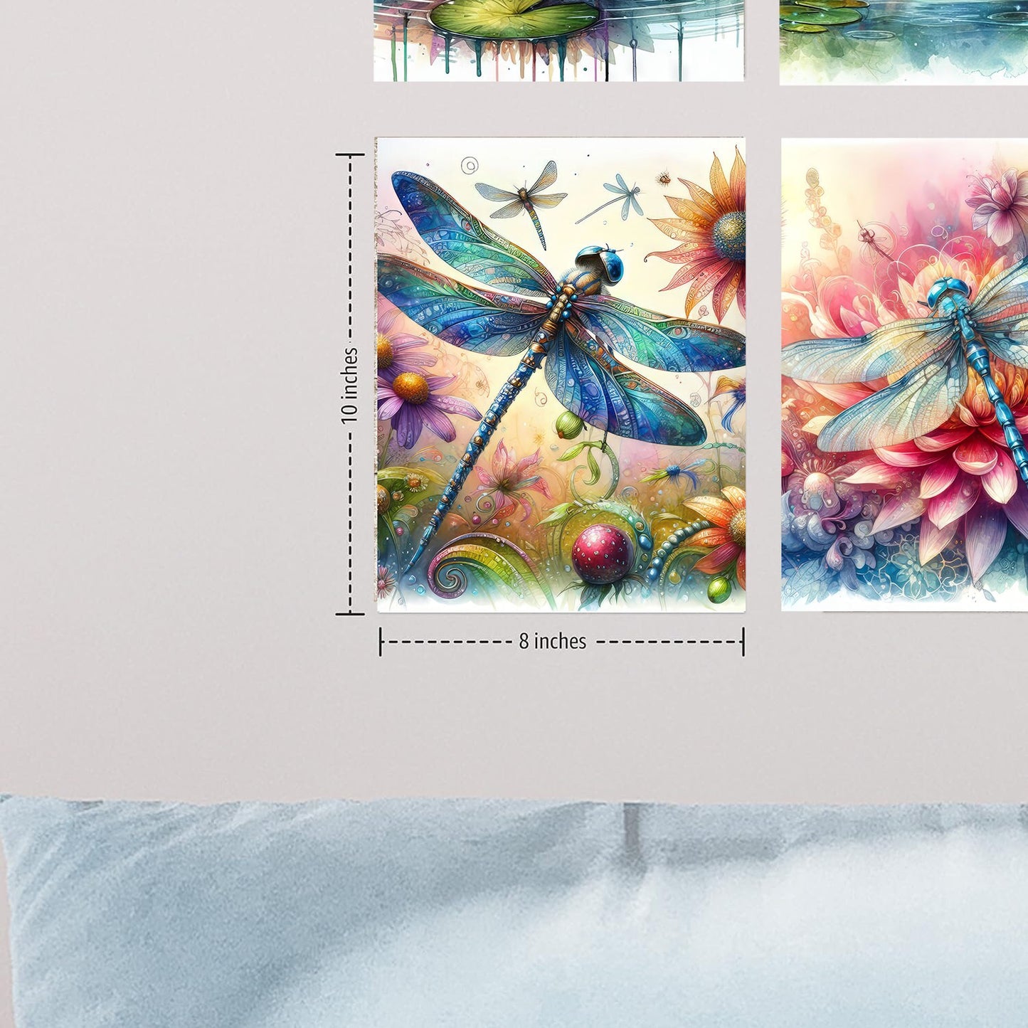 Set of 4  8x10 Beautiful Dragonfly Wall Art, Canvas Prints, Contemporary Wall Art