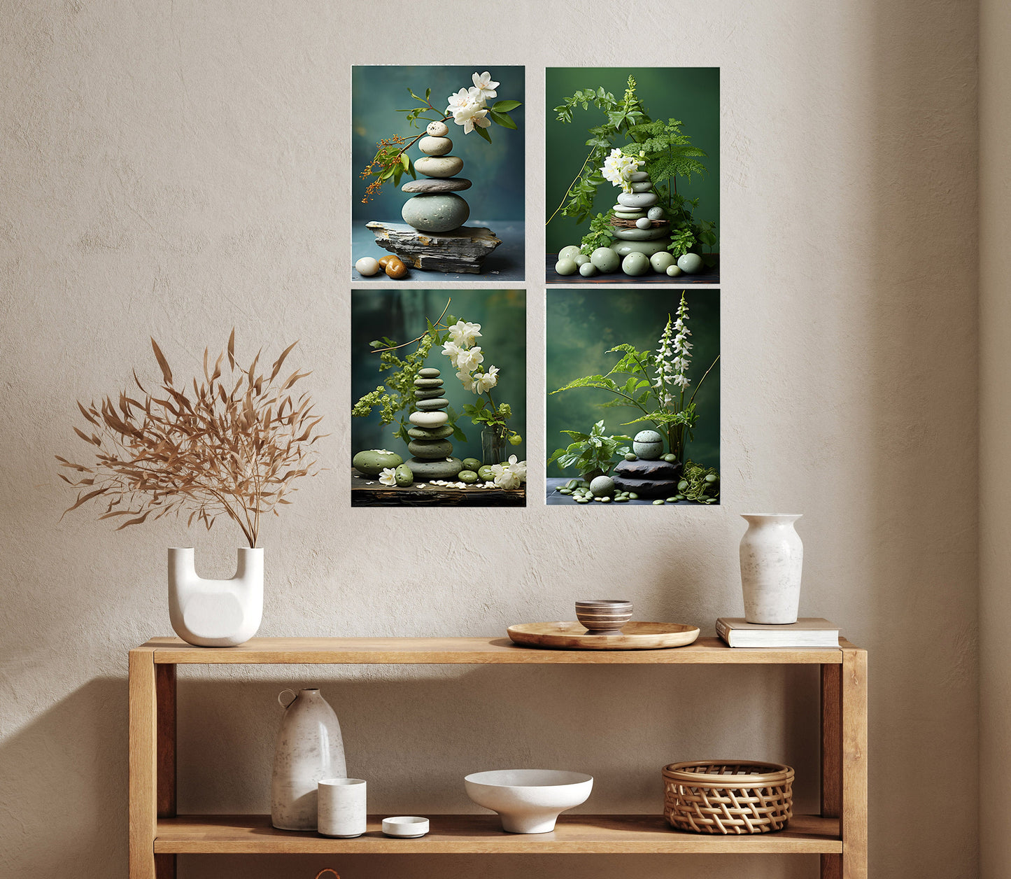 Set of 4  8x10 Asian Stones Wall Art Canvas Print, Contemporary Wall Art