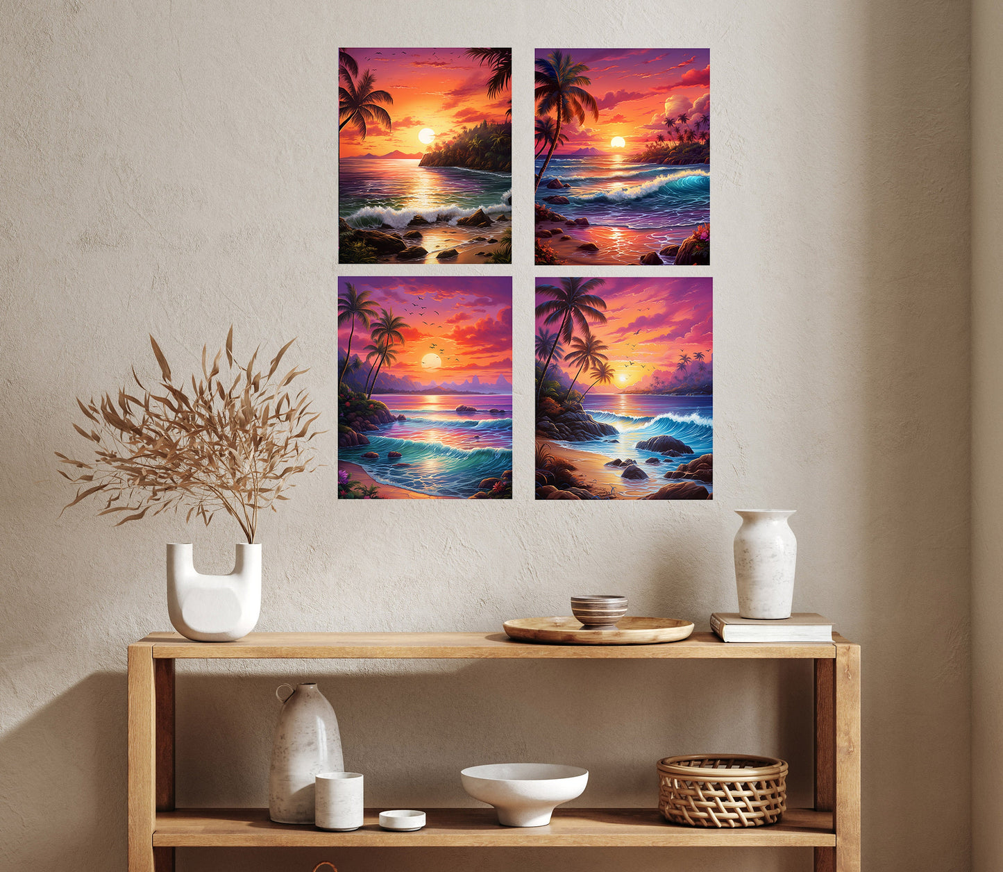 Set of 4  8x10 Sunset Beach Wall Art Canvas Print, Contemporary Wall Art