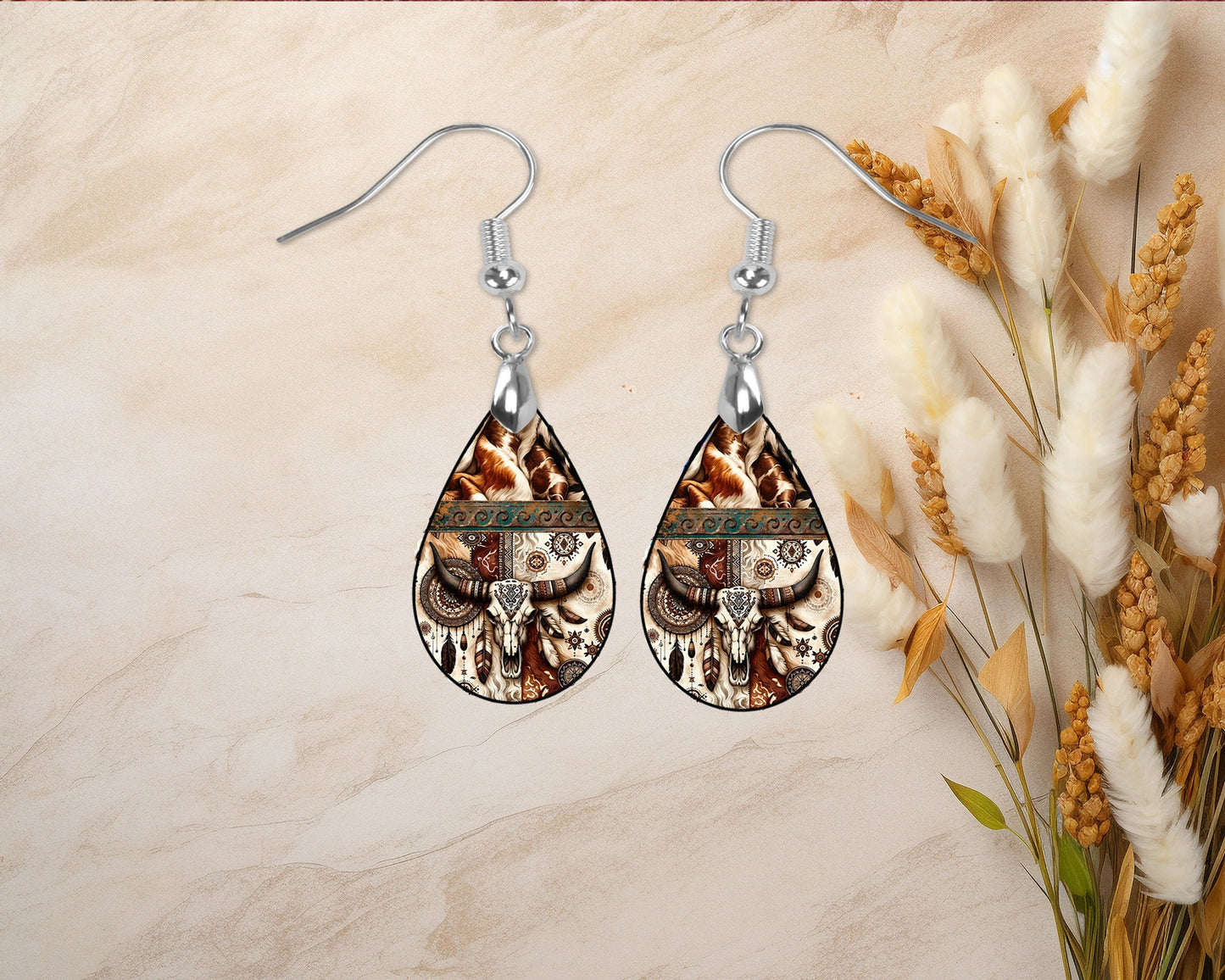 Western Cow Skull Print Earrings Print Tear Drop Wood Dangle Earrings Hypoallergenic Jewelry