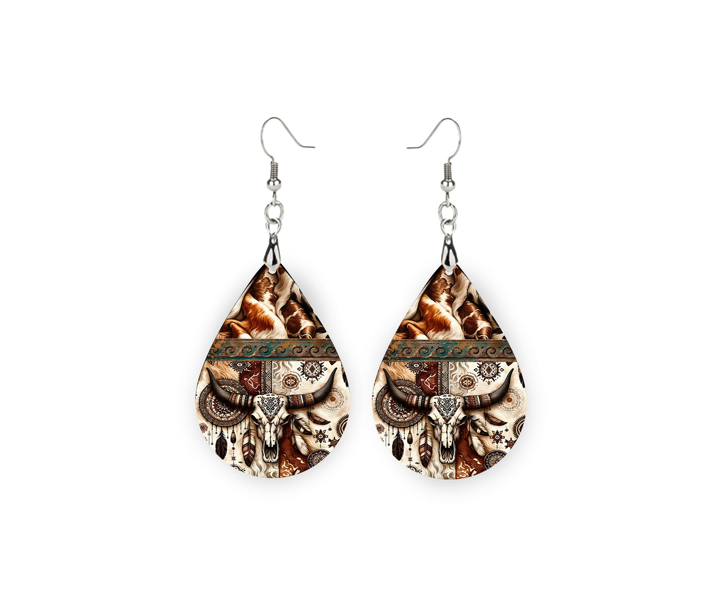 Western Cow Skull Print Earrings Print Tear Drop Wood Dangle Earrings Hypoallergenic Jewelry