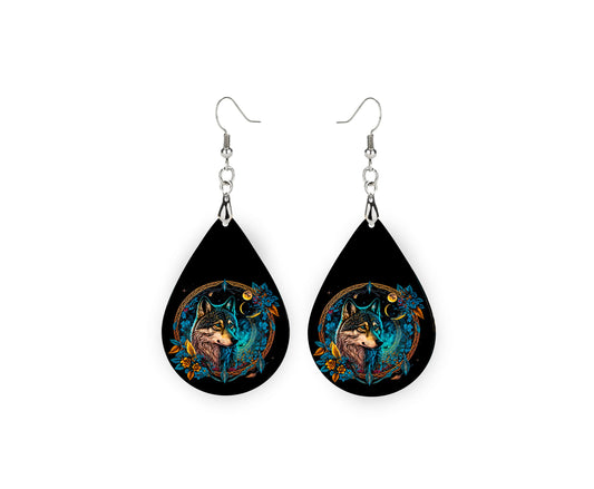 Wolf Dream Catcher Print Earrings Print Tear Drop Wood Dangle Earrings Hypoallergenic Jewelry