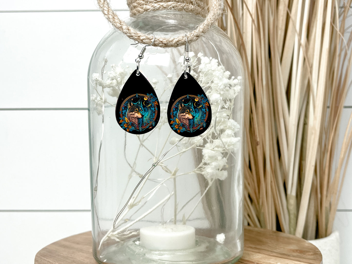 Wolf Dream Catcher Print Earrings Print Tear Drop Wood Dangle Earrings Hypoallergenic Jewelry