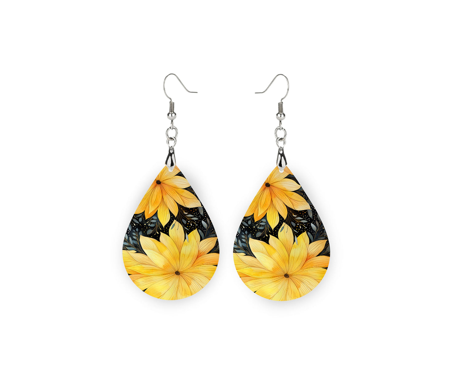 Yellow Flowers on Black Earrings, Teardrop Dangle Printed Earrings Jewelry Handmade