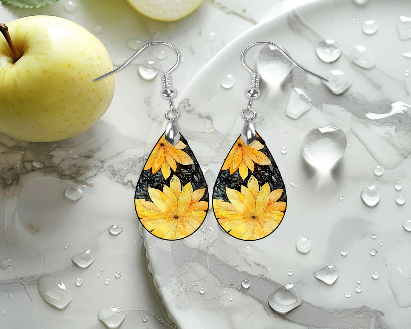 Yellow Flowers on Black Earrings, Teardrop Dangle Printed Earrings Jewelry Handmade