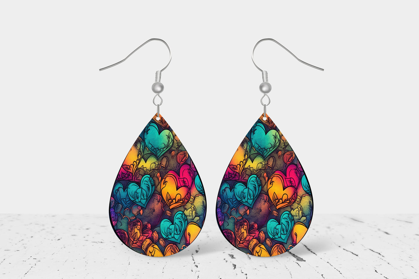 Tattoo Hearts Earrings, Teardrop Dangle Printed Earrings Jewelry Handmade