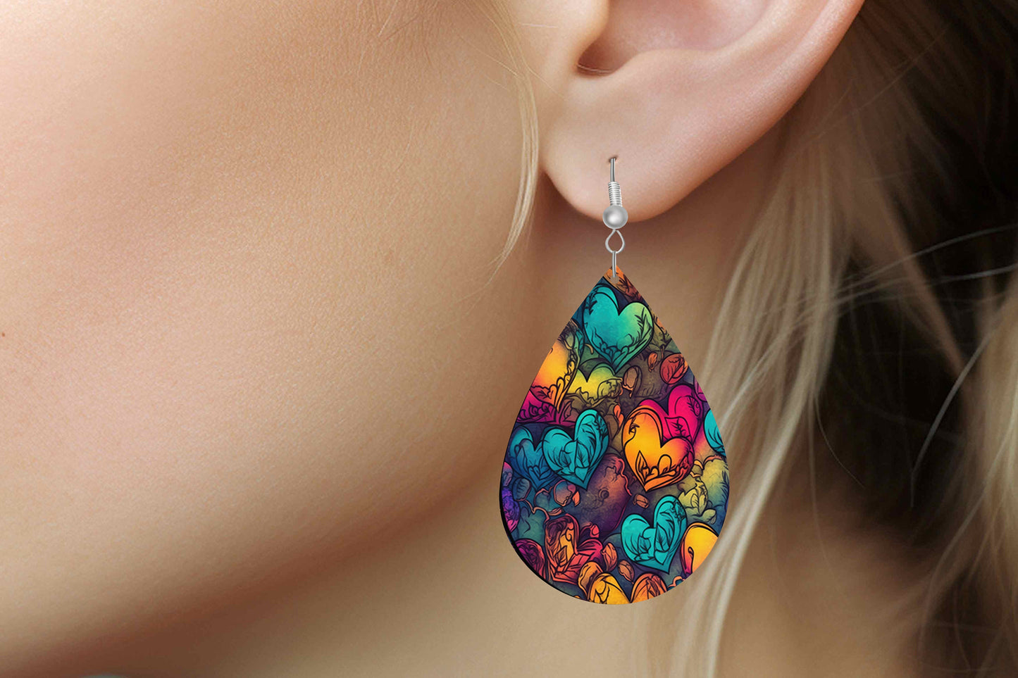 Tattoo Hearts Earrings, Teardrop Dangle Printed Earrings Jewelry Handmade