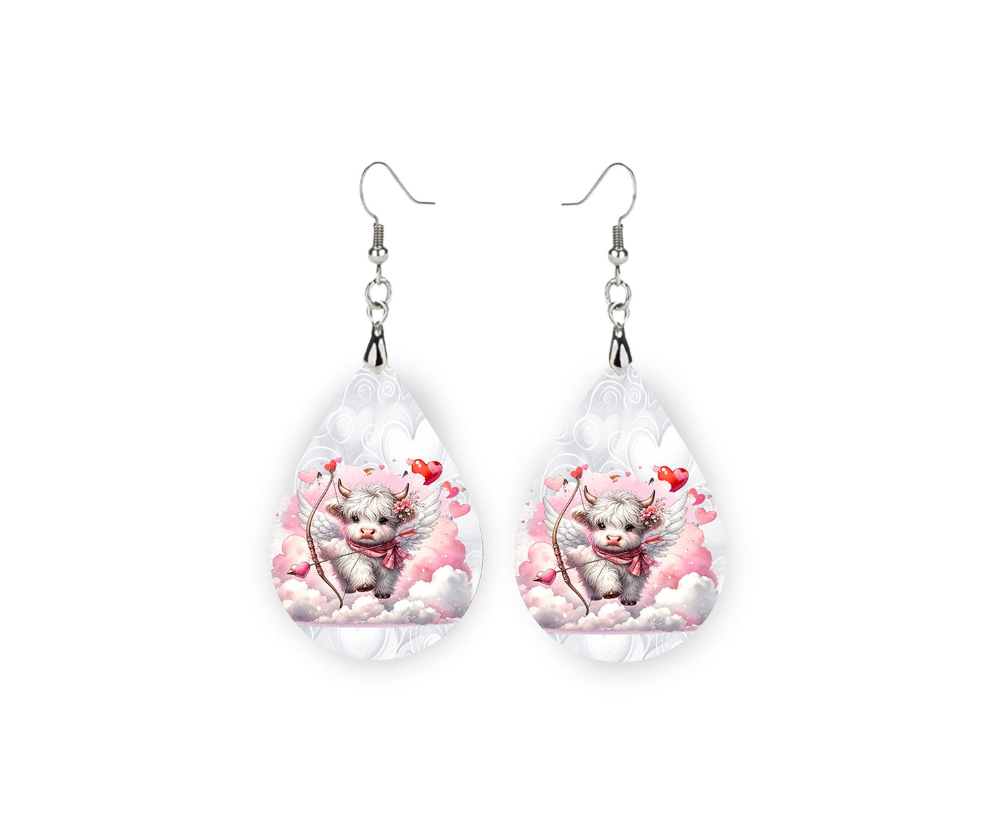 White Highland Cow Cupid Earrings, Teardrop Dangle Printed Earrings Jewelry Handmade