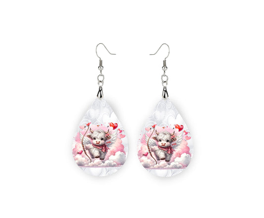 White Highland Cow Cupid Earrings, Teardrop Dangle Printed Earrings Jewelry Handmade