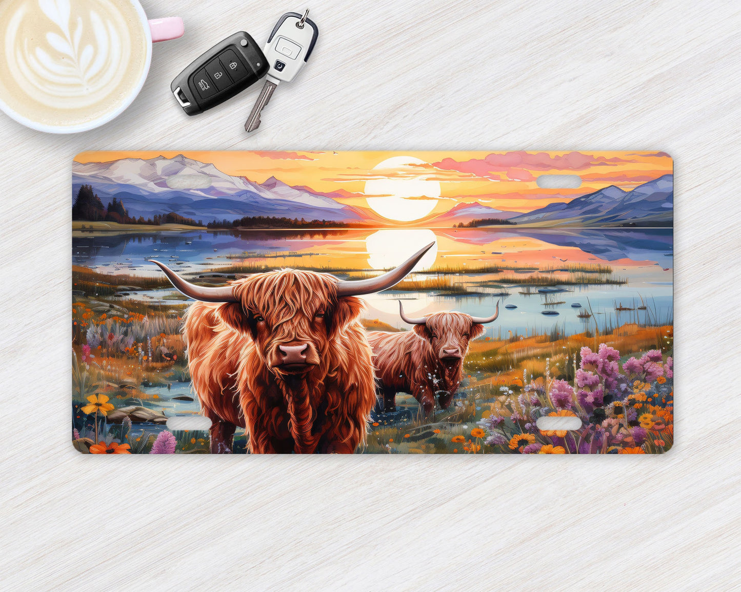 Vanity Front License Plate, Highland Cow Sunset Aluminum License Plate Car Accessory Decorative Front Plate