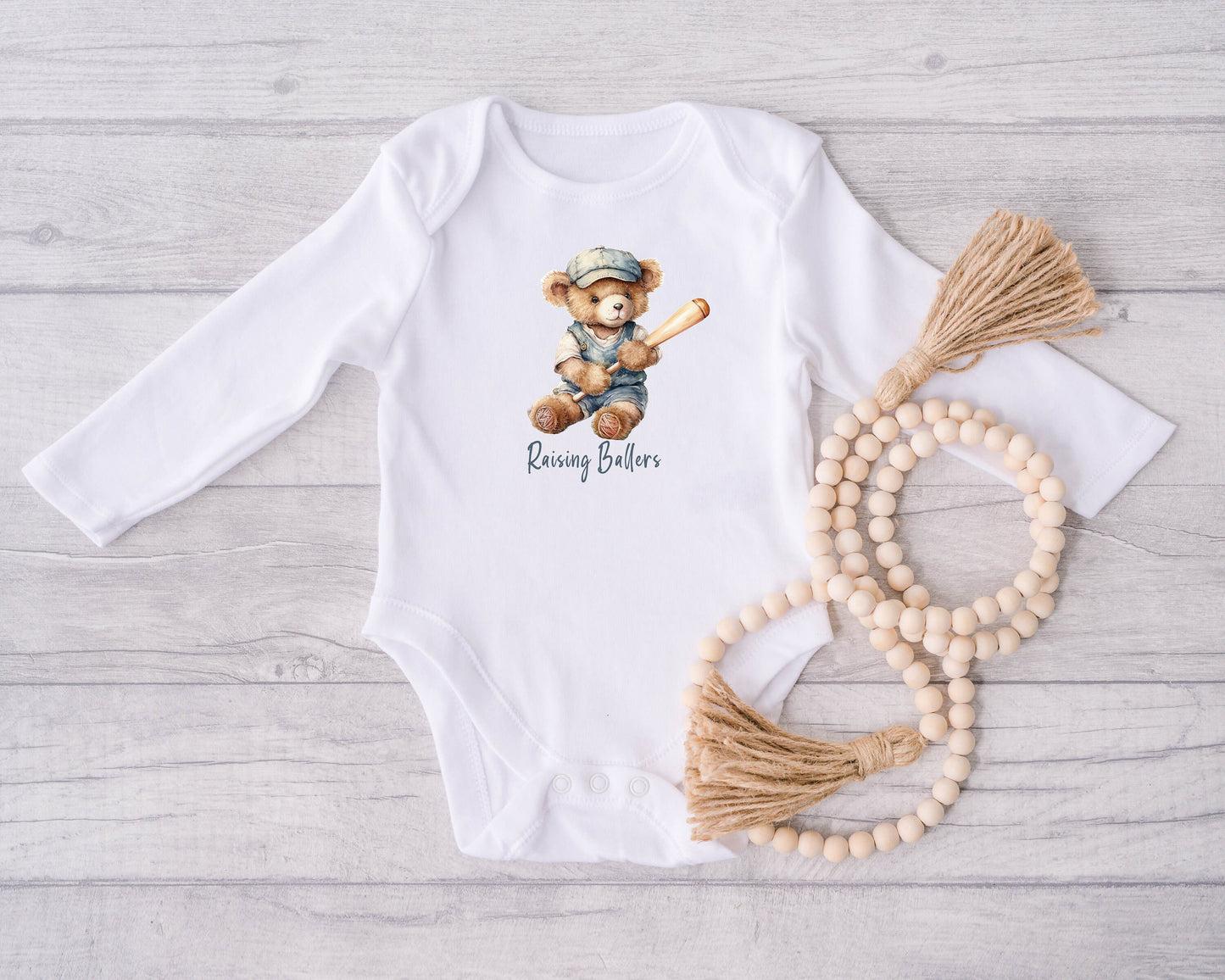 Baby Bodysuit, Raising Ballers Baseball One Piece Baby Suit, Baby Gift, Long / Short Sleeve, 0-18 Months size