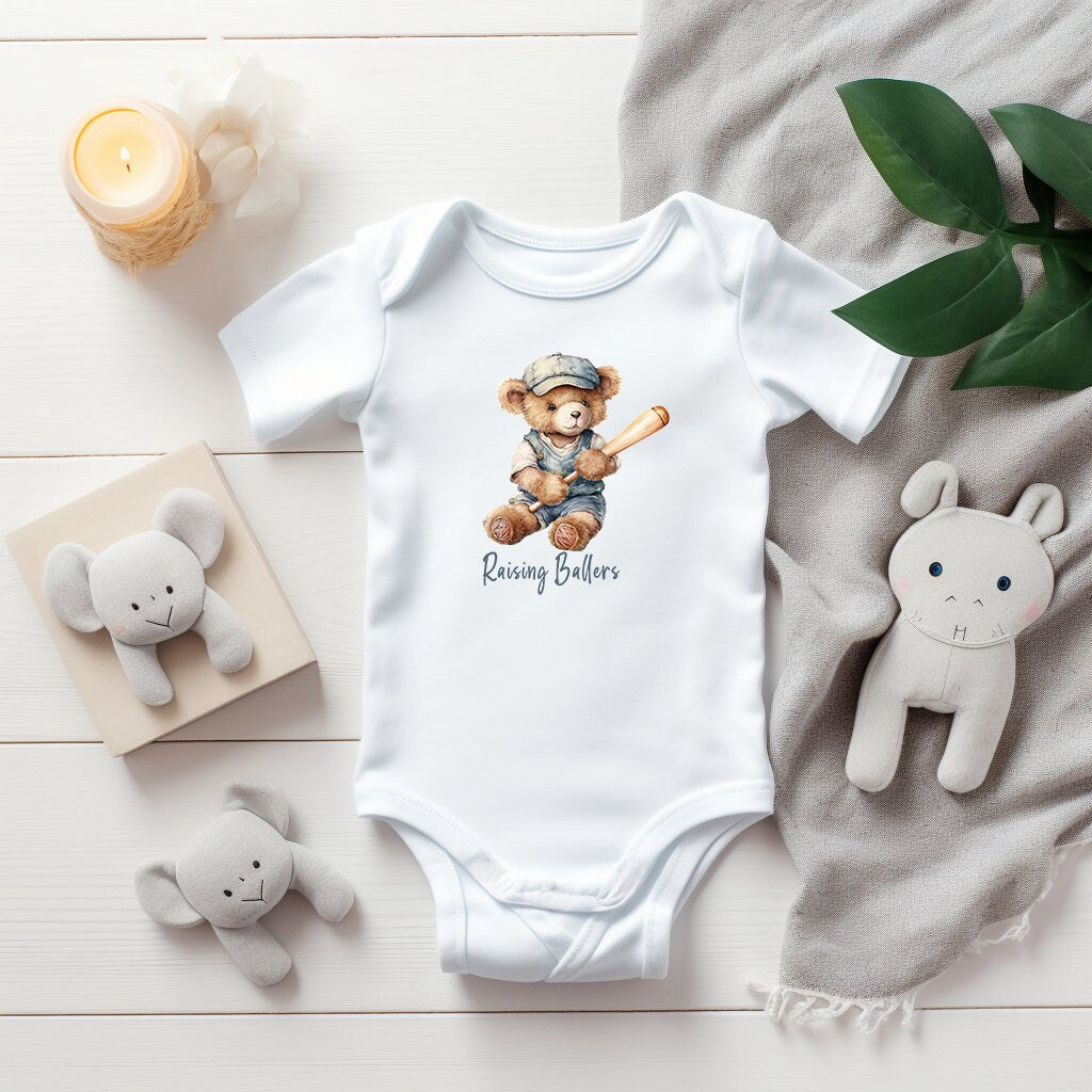 Baby Bodysuit, Raising Ballers Baseball One Piece Baby Suit, Baby Gift, Long / Short Sleeve, 0-18 Months size