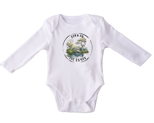 Baby Bodysuit, Round Born on the Bayou One Piece Baby Suit, Baby Gift, Long / Short Sleeve, 0-18 Months size