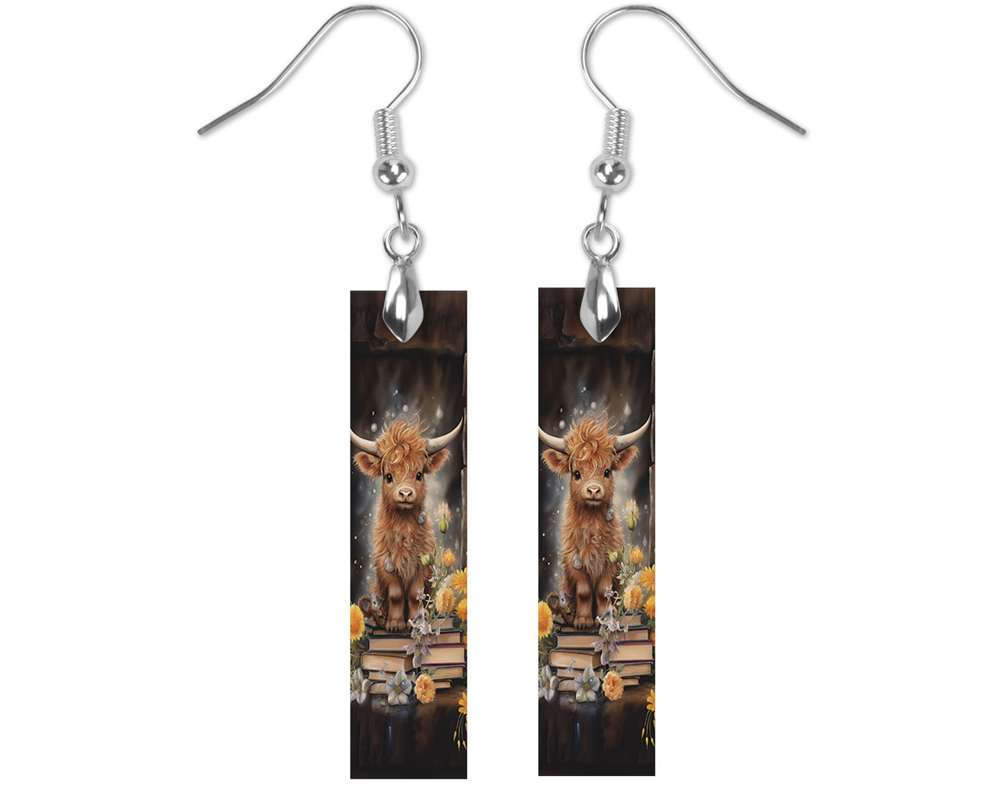 Highland Cow on Books Earrings, Bar Dangle Printed Earrings Jewelry Handmade