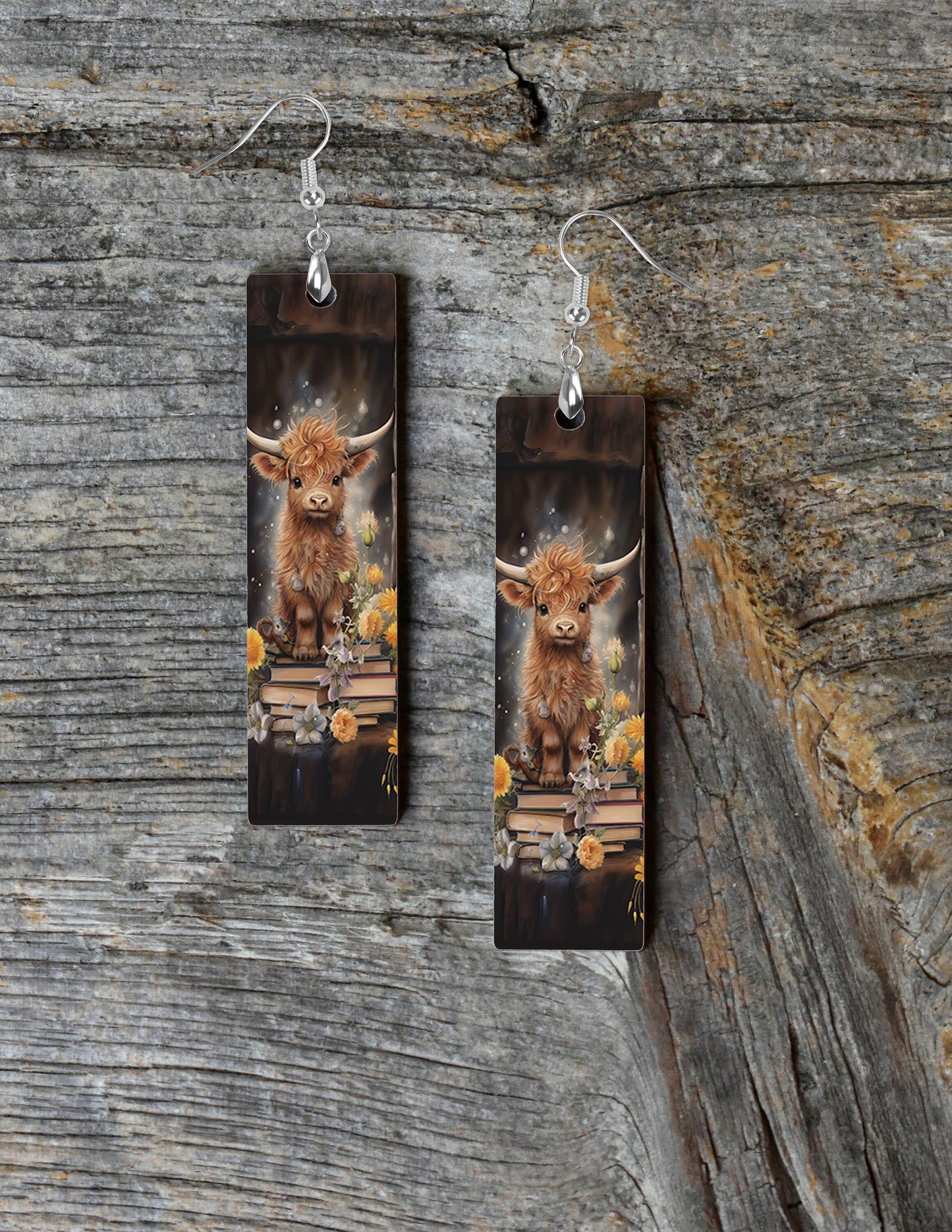 Highland Cow on Books Earrings, Bar Dangle Printed Earrings Jewelry Handmade