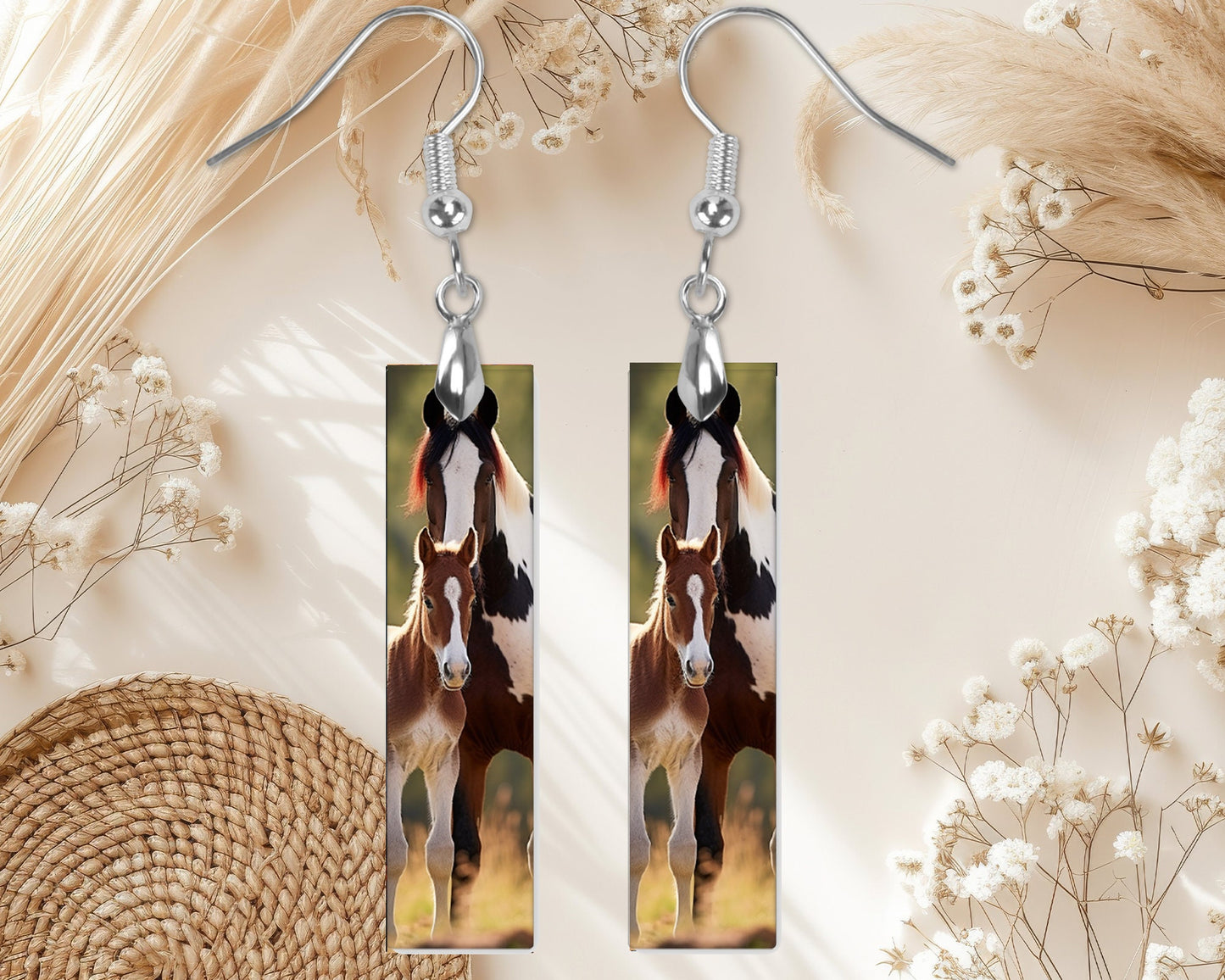 Paint Horse and Foal Earrings, Bar Dangle Printed Earrings Jewelry Handmade