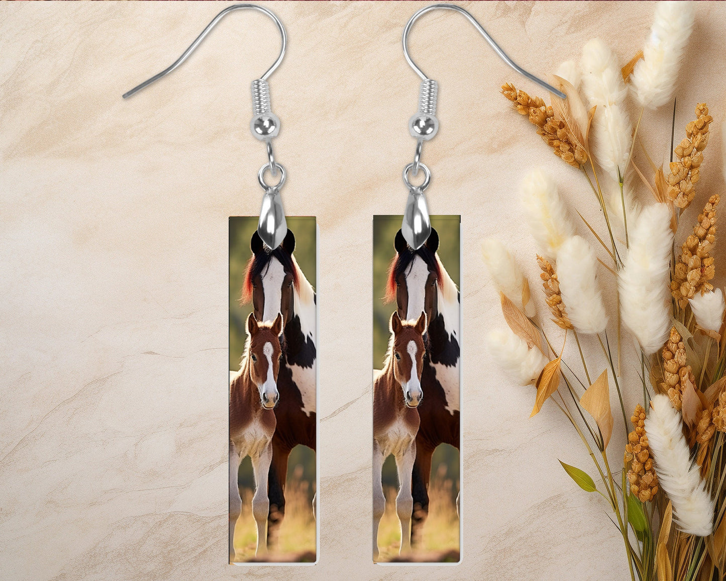 Paint Horse and Foal Earrings, Bar Dangle Printed Earrings Jewelry Handmade