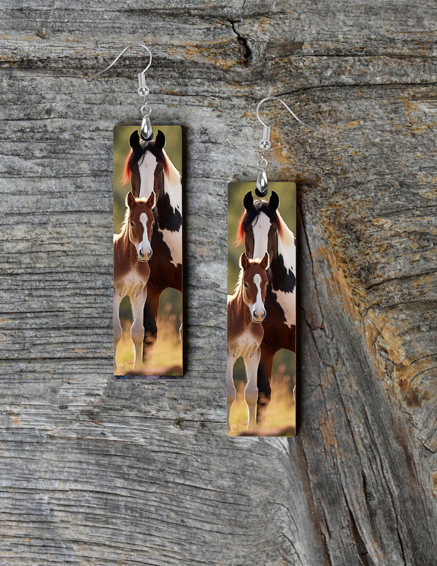 Paint Horse and Foal Earrings, Bar Dangle Printed Earrings Jewelry Handmade