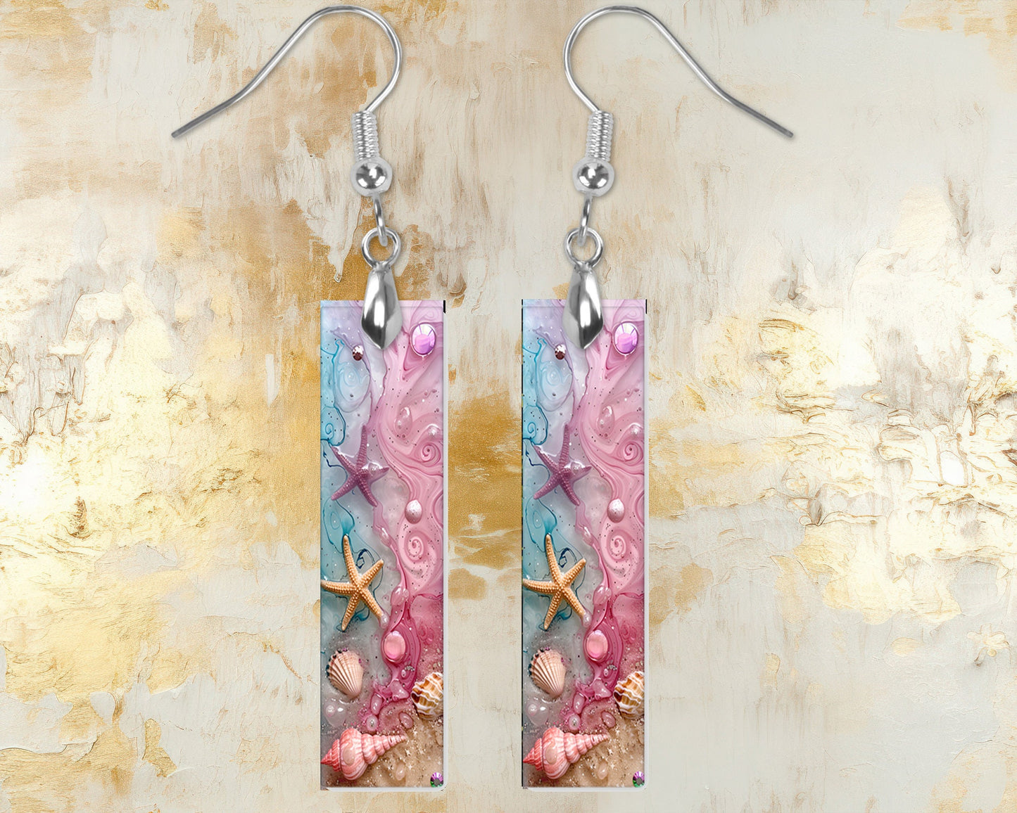 Pink Starfish and Shells Earrings, Bar Dangle Printed Earrings Jewelry Handmade