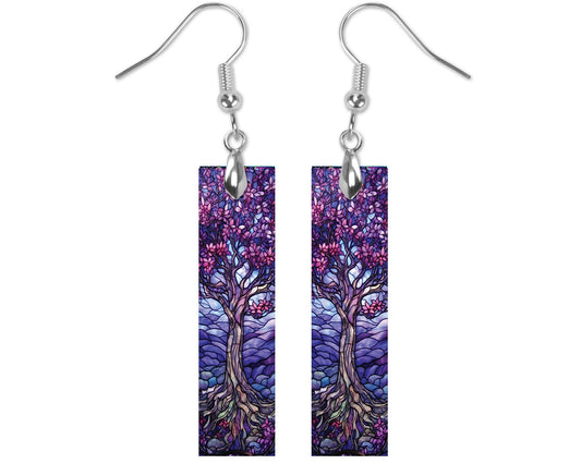 Purple Faux Stain Glass Tree Earrings, Bar Dangle Printed Earrings Jewelry Handmade