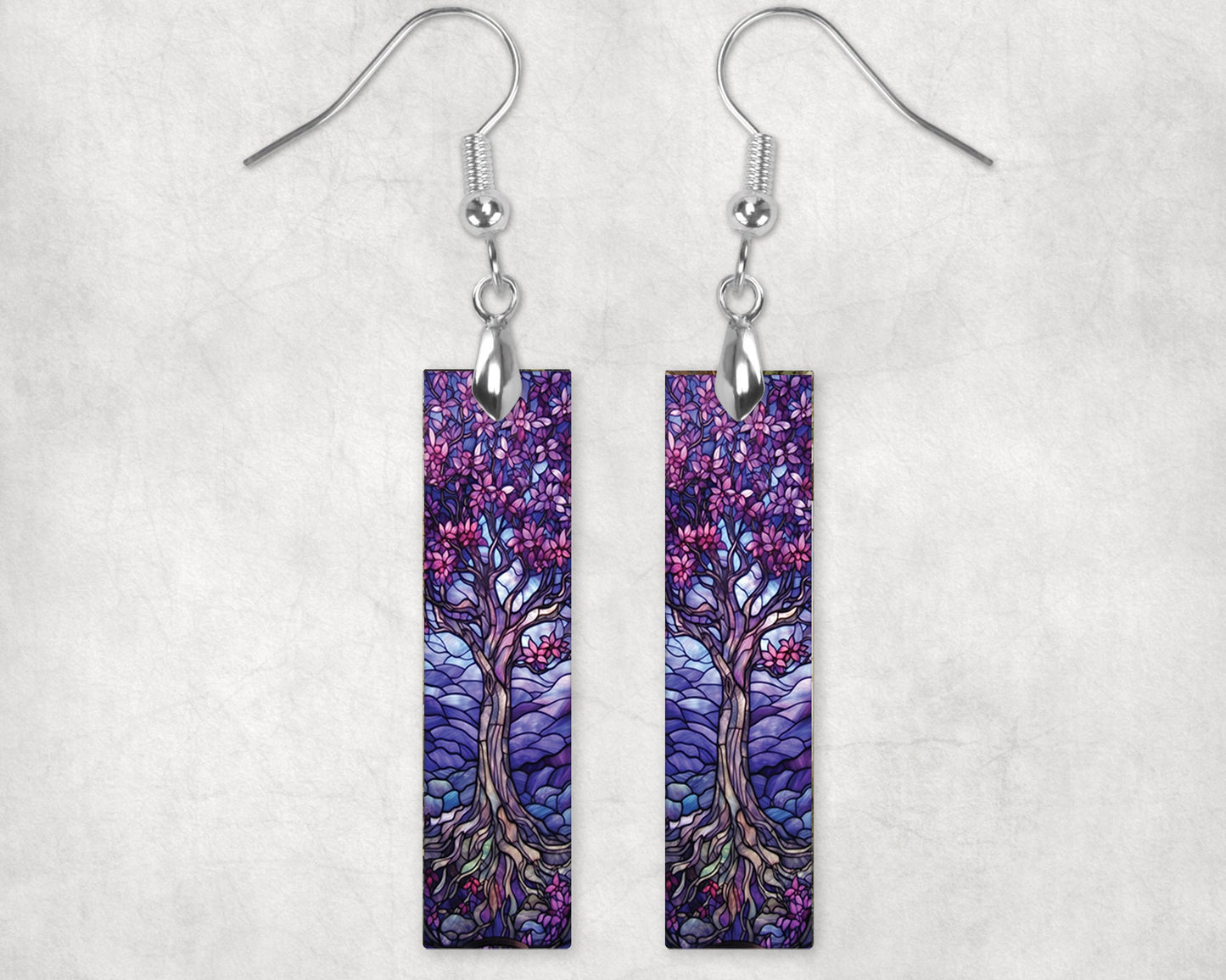 Purple Faux Stain Glass Tree Earrings, Bar Dangle Printed Earrings Jewelry Handmade