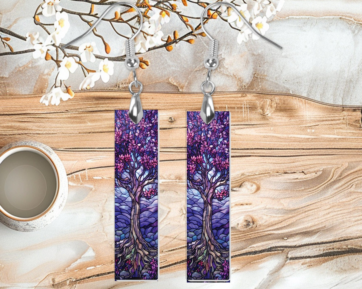 Purple Faux Stain Glass Tree Earrings, Bar Dangle Printed Earrings Jewelry Handmade