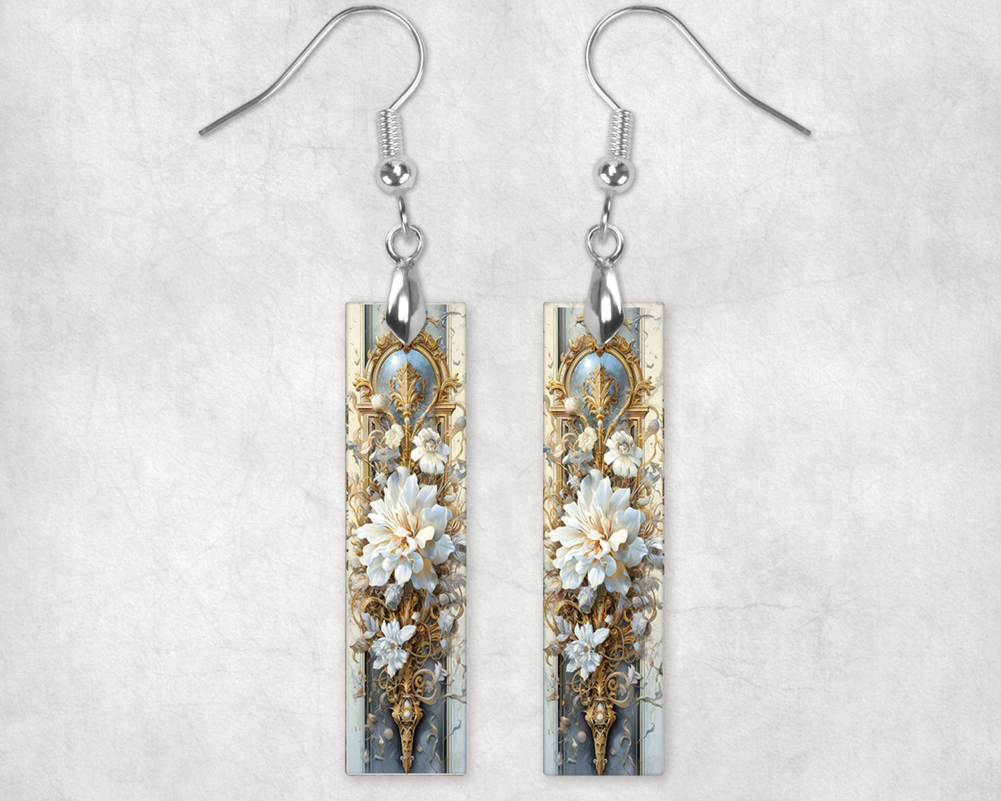 Rococo White Flowers Earrings, Bar Dangle Printed Earrings Jewelry Handmade