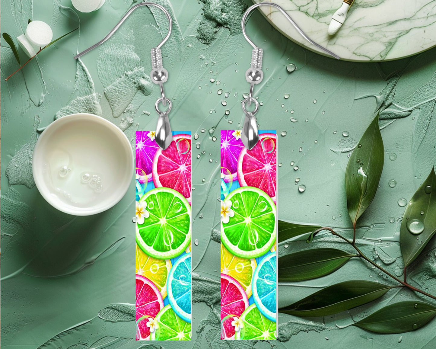 Neon Citrus Printed Wood Dangle Earrings Hypoallergenic Jewelry Handmade