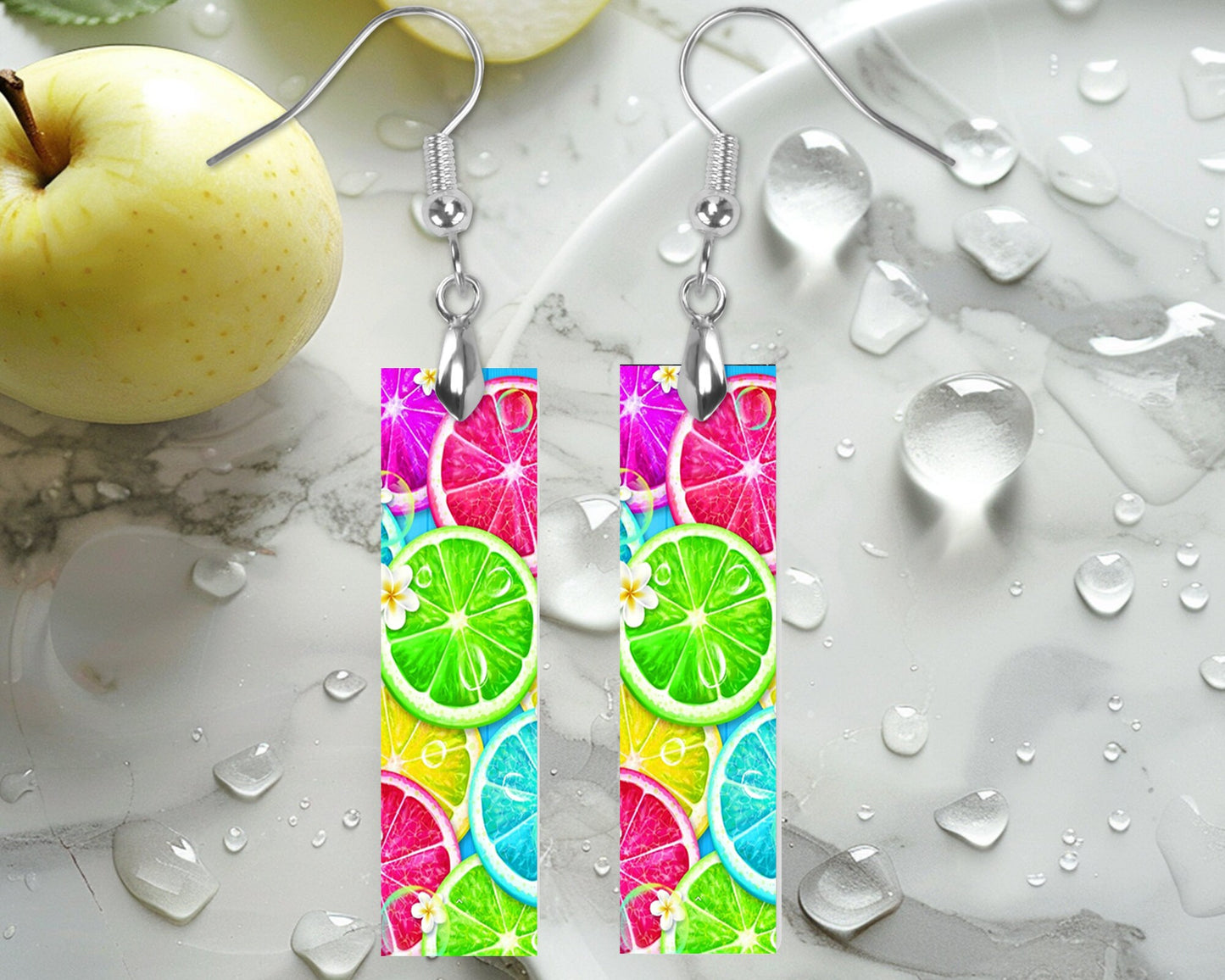 Neon Citrus Printed Wood Dangle Earrings Hypoallergenic Jewelry Handmade