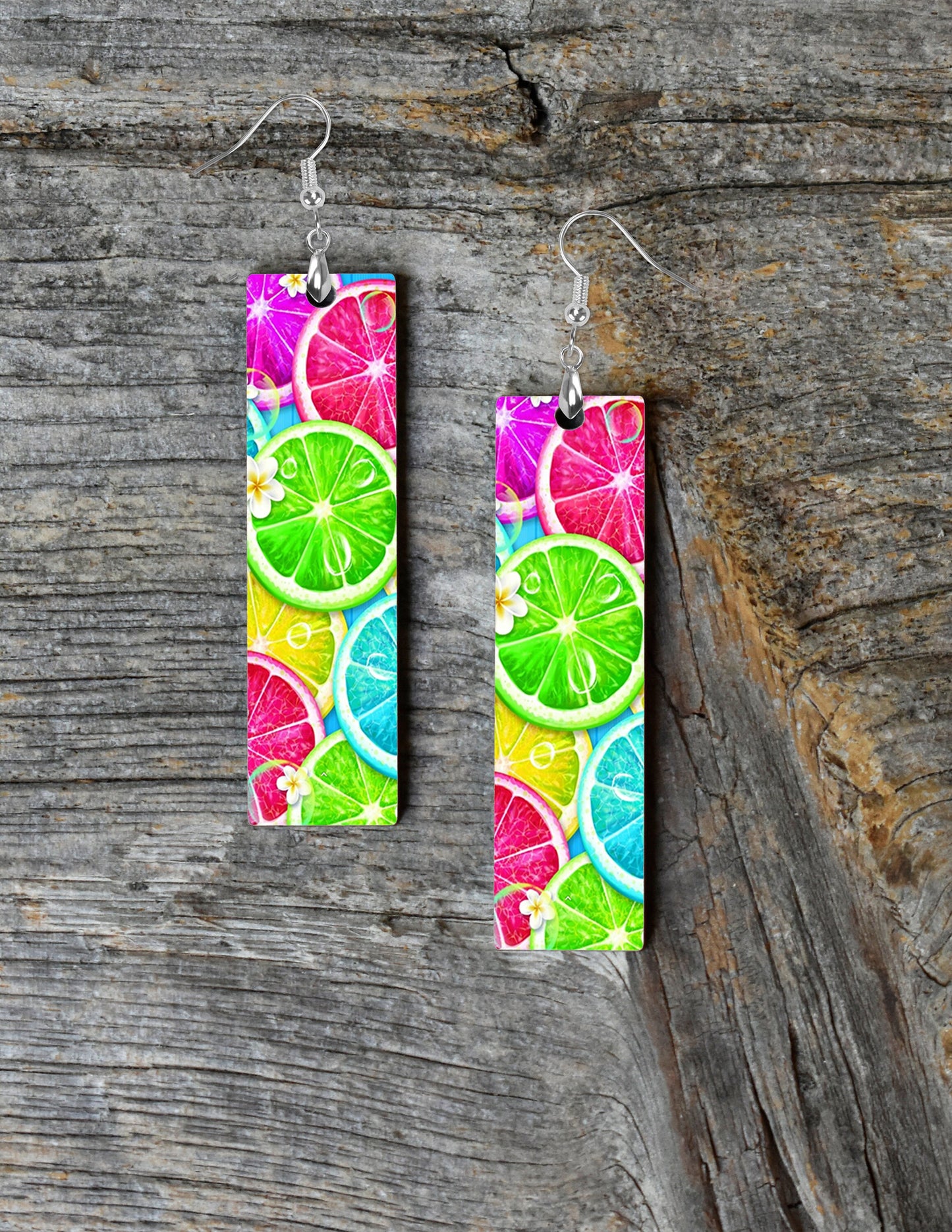 Neon Citrus Printed Wood Dangle Earrings Hypoallergenic Jewelry Handmade