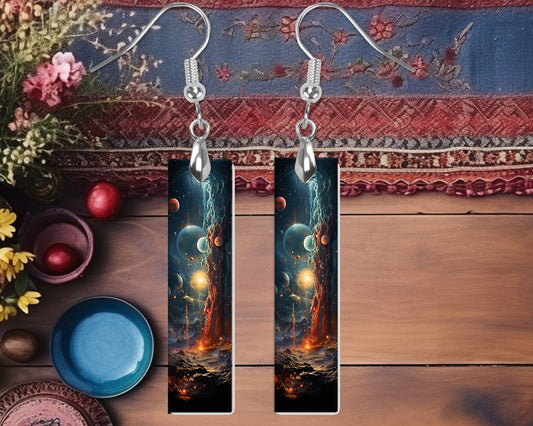 New Release Outer Space Printed Wood Dangle Earrings Hypoallergenic Jewelry Handmade