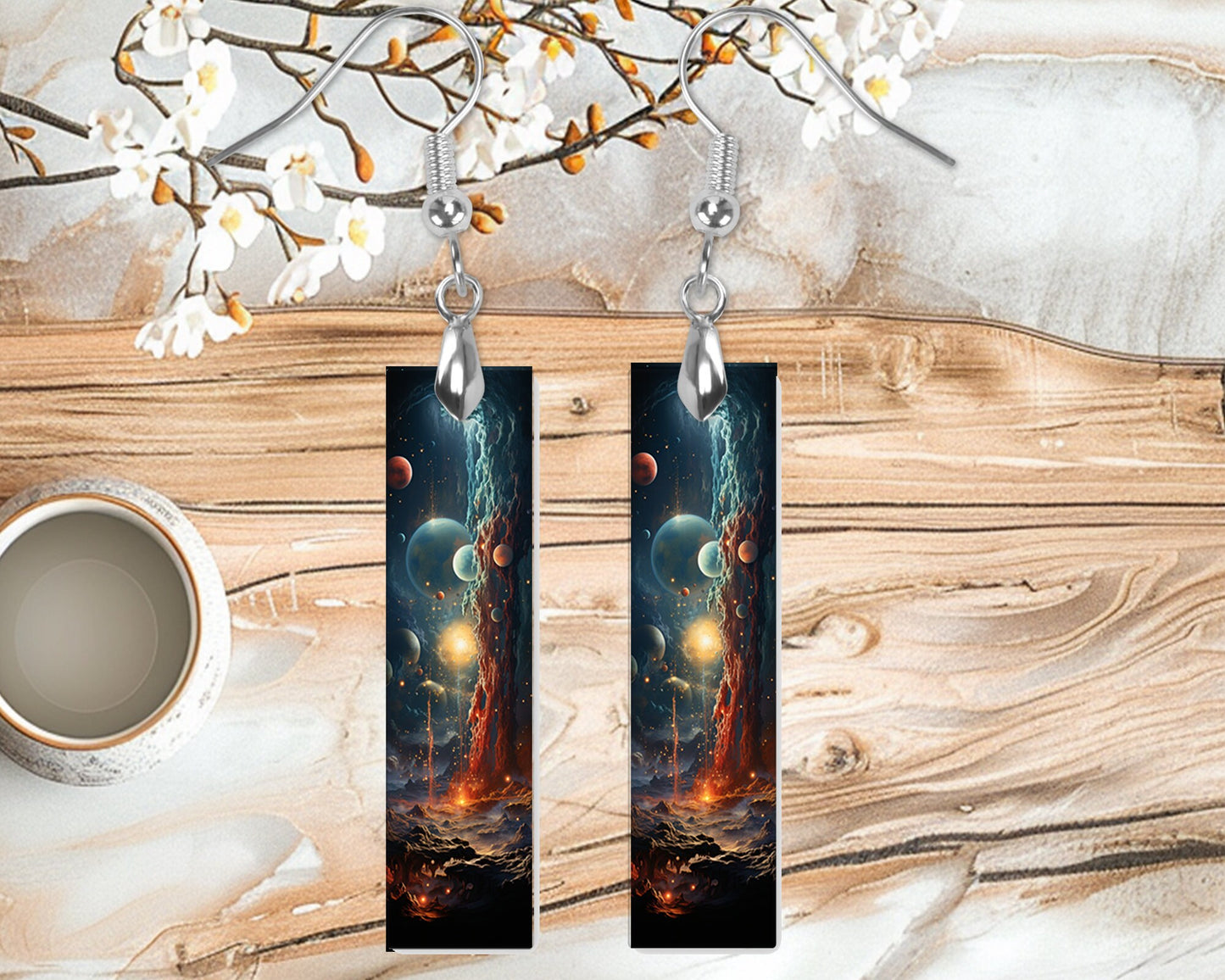 New Release Outer Space Printed Wood Dangle Earrings Hypoallergenic Jewelry Handmade