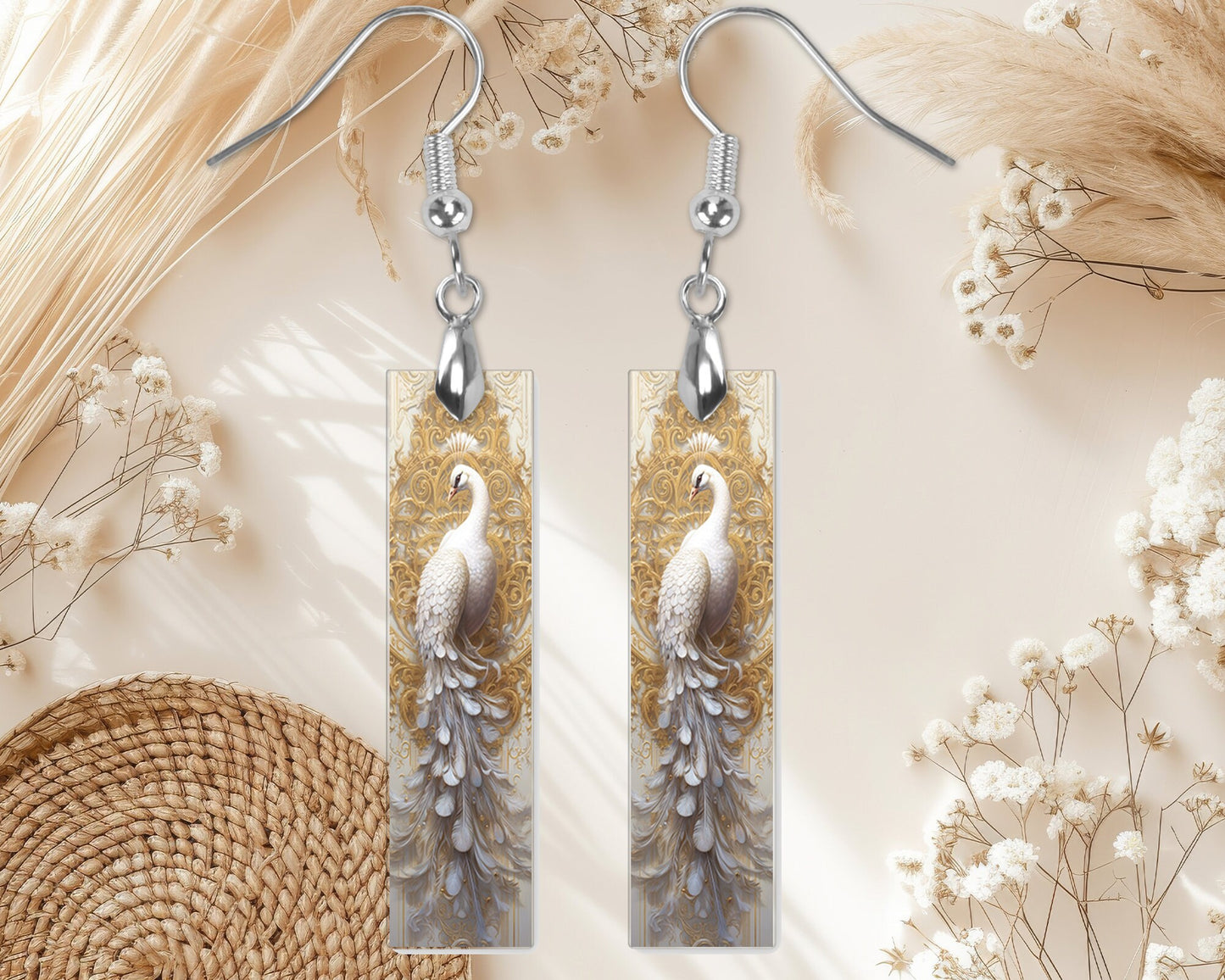 Rococo White Peacock Printed Wood Dangle Earrings Hypoallergenic Jewelry Handmade