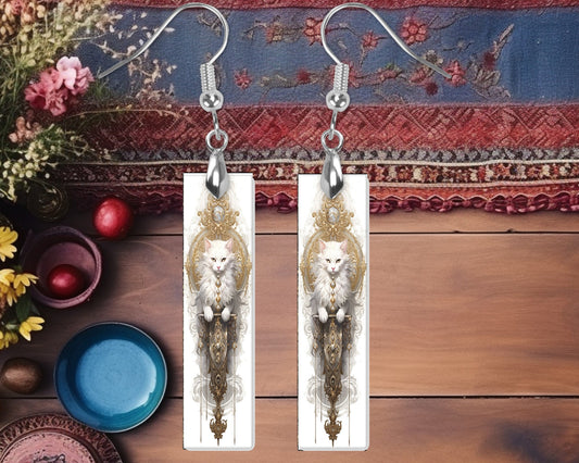 Rococo Cat Earrings, Printed Wood Dangle Earrings Hypoallergenic Jewelry Handmade