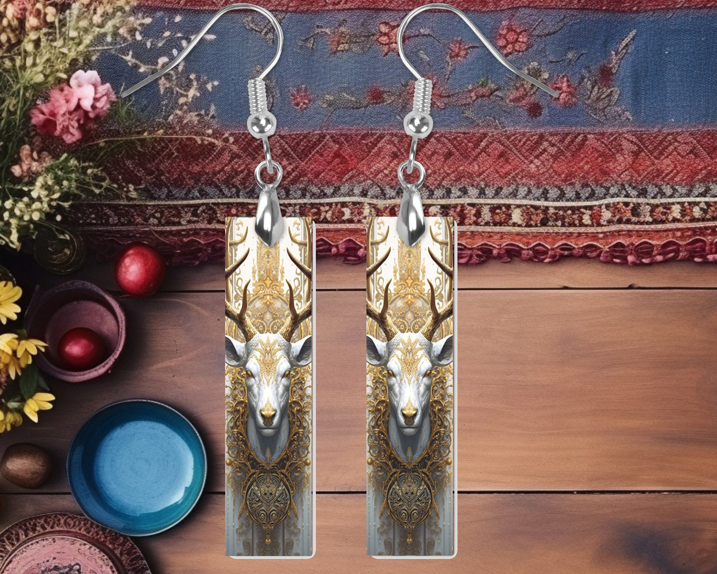 Rococo Deer Earrings, Printed Wood Dangle Earrings Hypoallergenic Jewelry Handmade