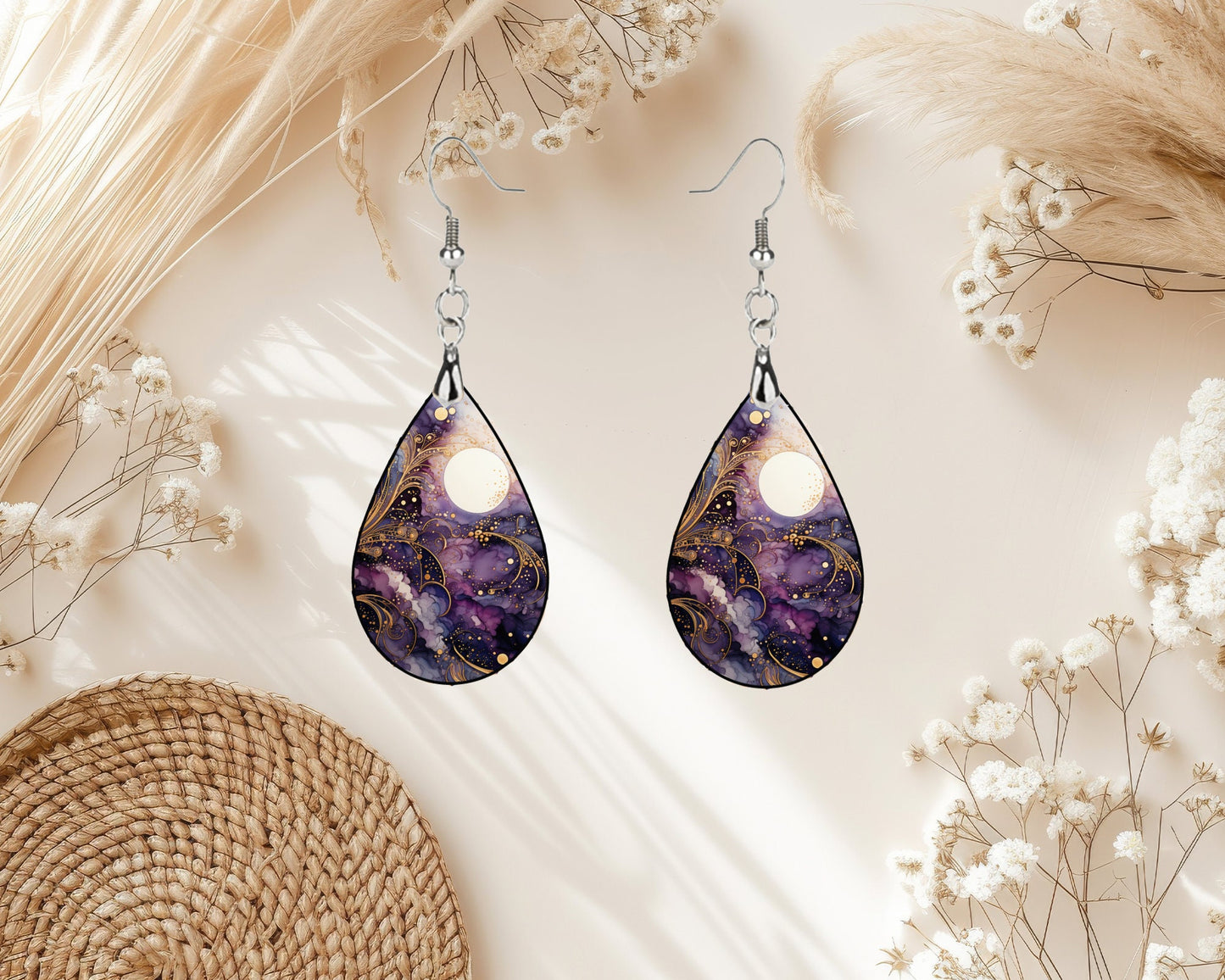 Moon in Purple Sky Earrings Print Tear Drop Wood Dangle Earrings Hypoallergenic Jewelry