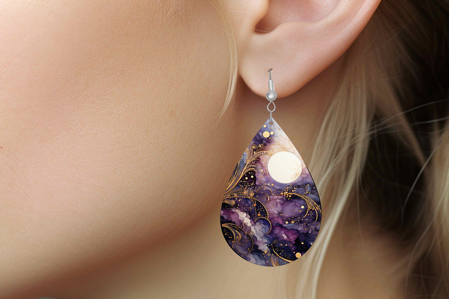 Moon in Purple Sky Earrings Print Tear Drop Wood Dangle Earrings Hypoallergenic Jewelry