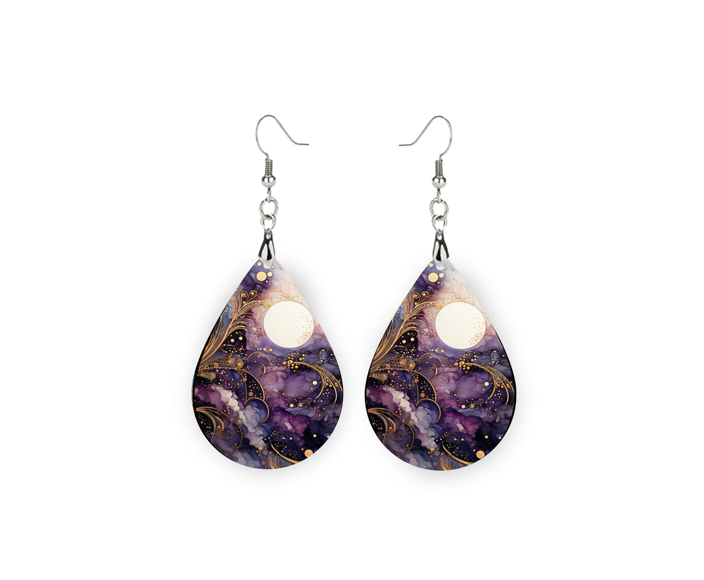 Moon in Purple Sky Earrings Print Tear Drop Wood Dangle Earrings Hypoallergenic Jewelry