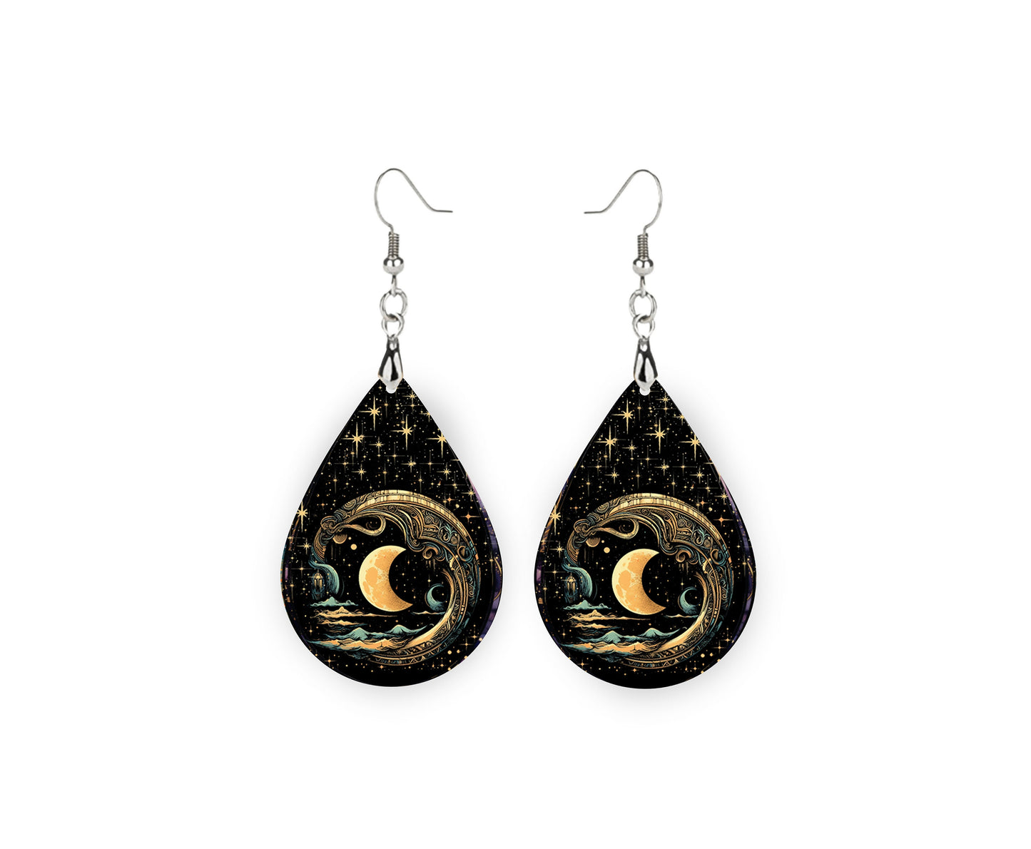 Moon in Black Starlit Sky Earrings Print Tear Drop Wood Dangle Earrings Hypoallergenic Jewelry