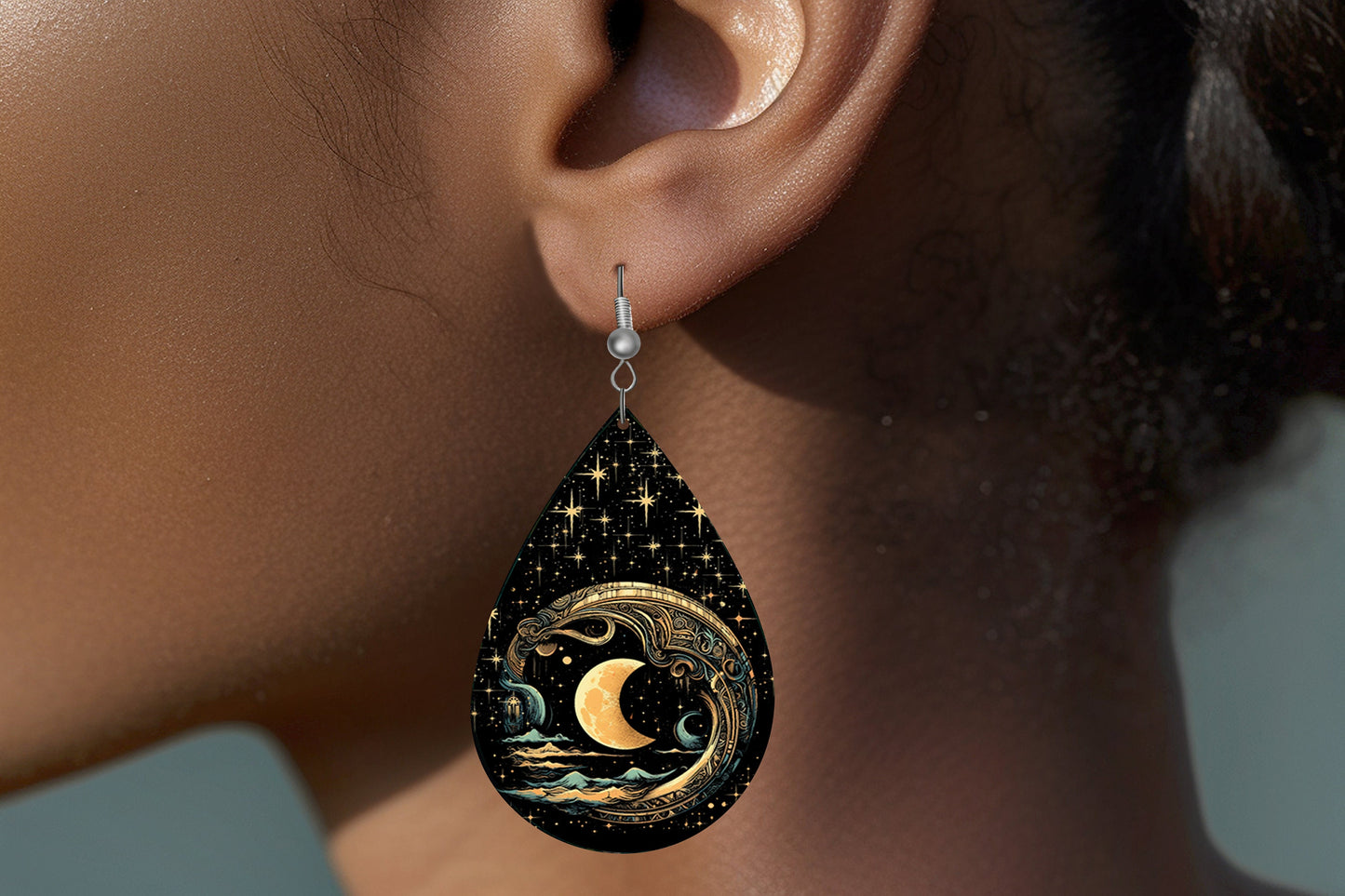 Moon in Black Starlit Sky Earrings Print Tear Drop Wood Dangle Earrings Hypoallergenic Jewelry