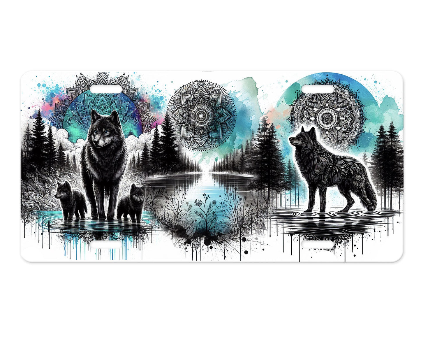 Vanity Front License Plate, Black Wolf Mandala Aluminum Vanity License Plate Car Accessory Decorative Front Plate