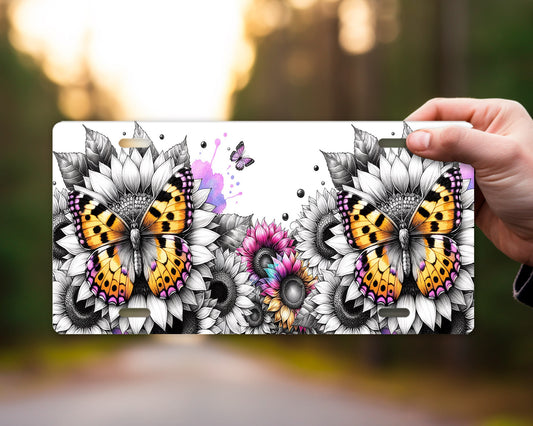 Butterflies and Gray Scale Sunflowers Vanity Decorative Front License Plate Cute Car License Plate Aluminum Metal Plate