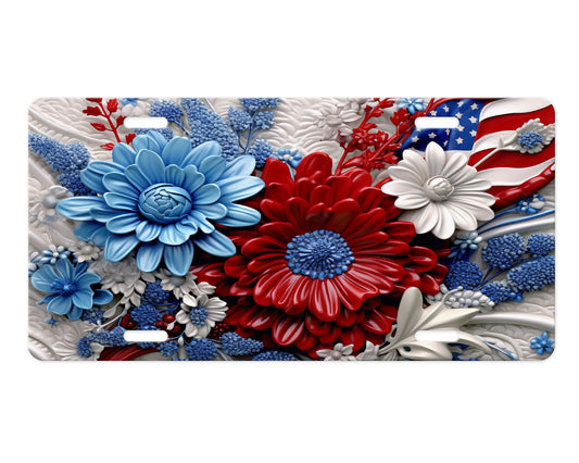 Patriotic Flowers Vanity Decorative Front License Plate Cute Car License Plate Aluminum Metal Plate