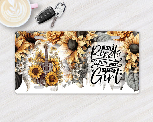 Dirt Roads and Country Music Girl Sunflowers Vanity Decorative Front License Plate Cute Car License Plate Aluminum Metal Plate