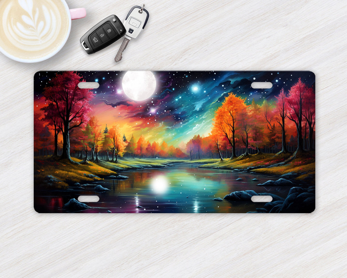 Full Moon Northern Lights Vanity Decorative Front License Plate Cute Car License Plate Aluminum Metal Plate