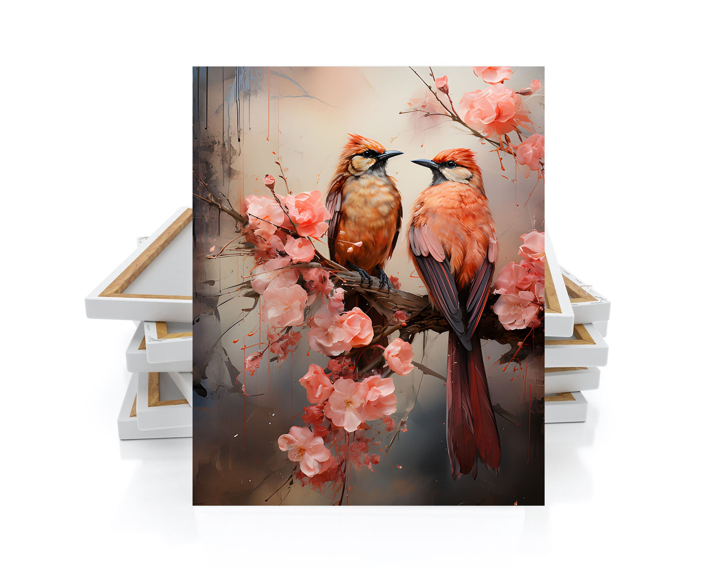 16x20 Birds on Peach Blossom Branch Wall Art Canvas Print