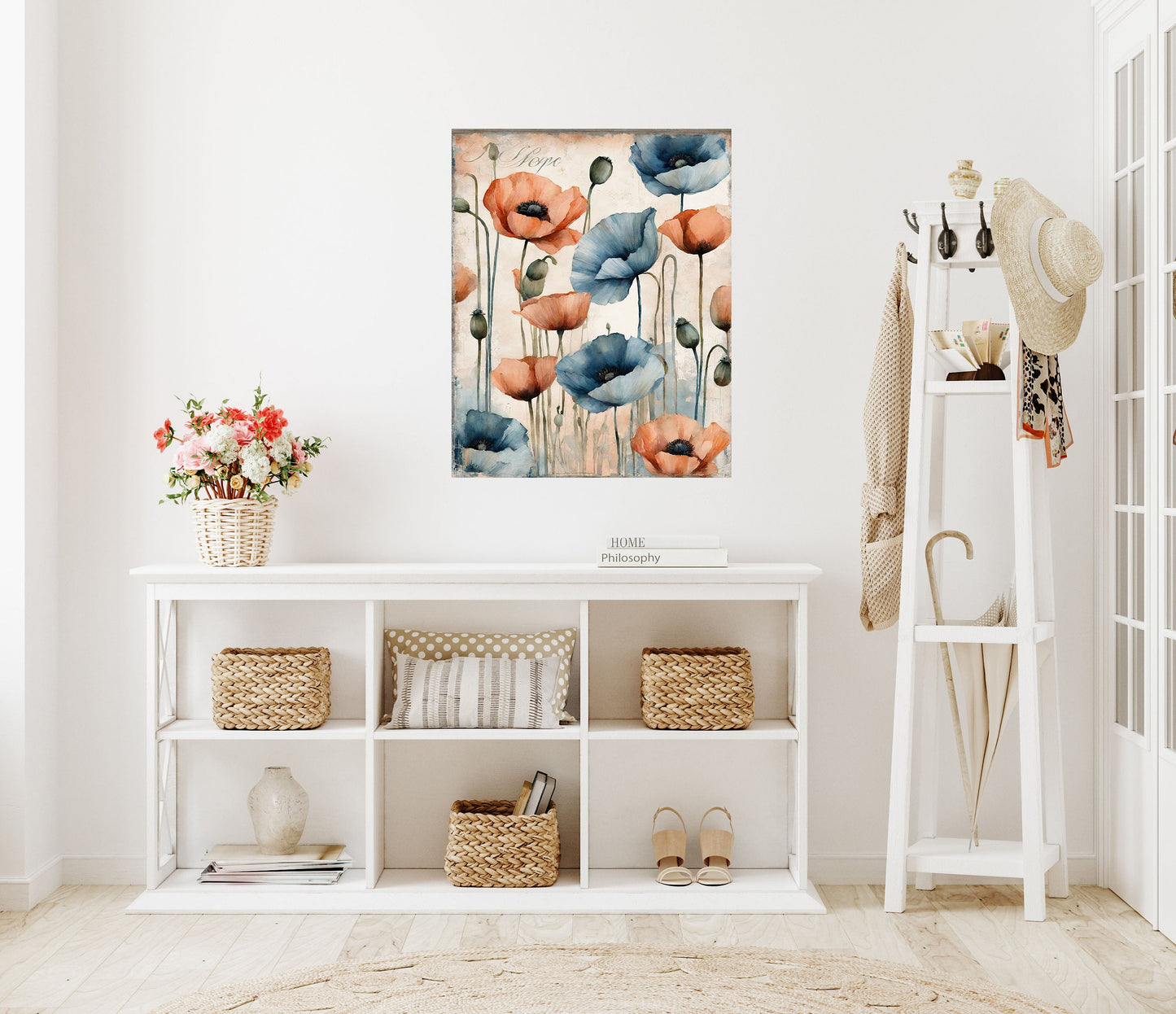 16x20 Peach and Blue Floral Wall Art Canvas Print