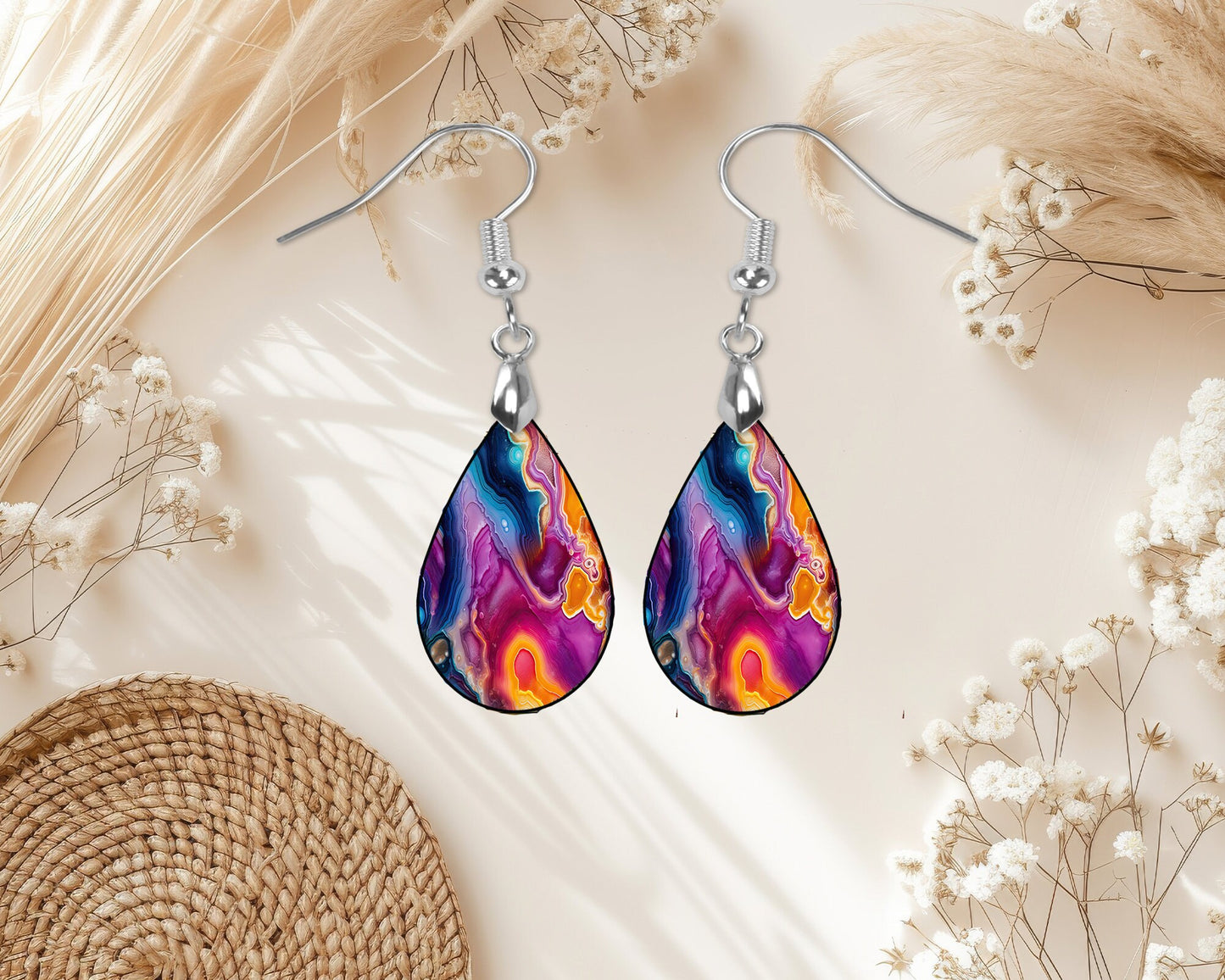 Neon Agate Earrings, Teardrop Dangle Printed Earrings Jewelry Handmade