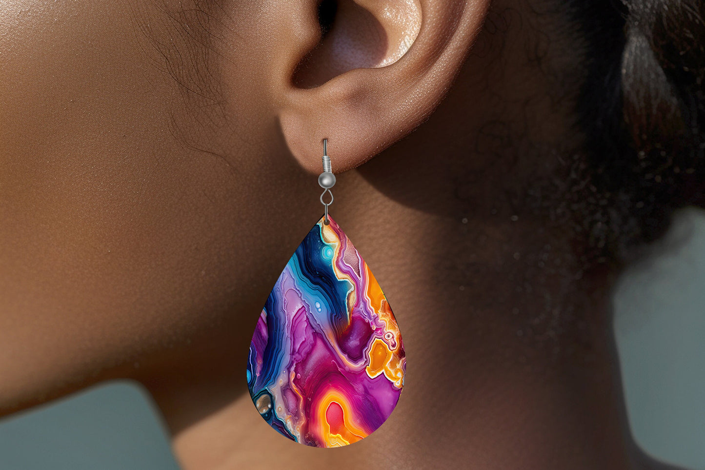 Neon Agate Earrings, Teardrop Dangle Printed Earrings Jewelry Handmade