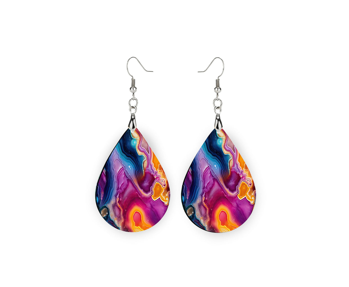 Neon Agate Earrings, Teardrop Dangle Printed Earrings Jewelry Handmade